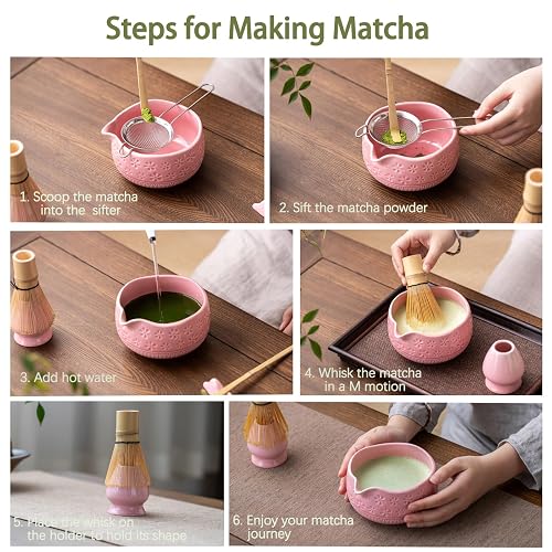 Pink Matcha Whisk Set, Ceramic & Bamboo Matcha Kit With
