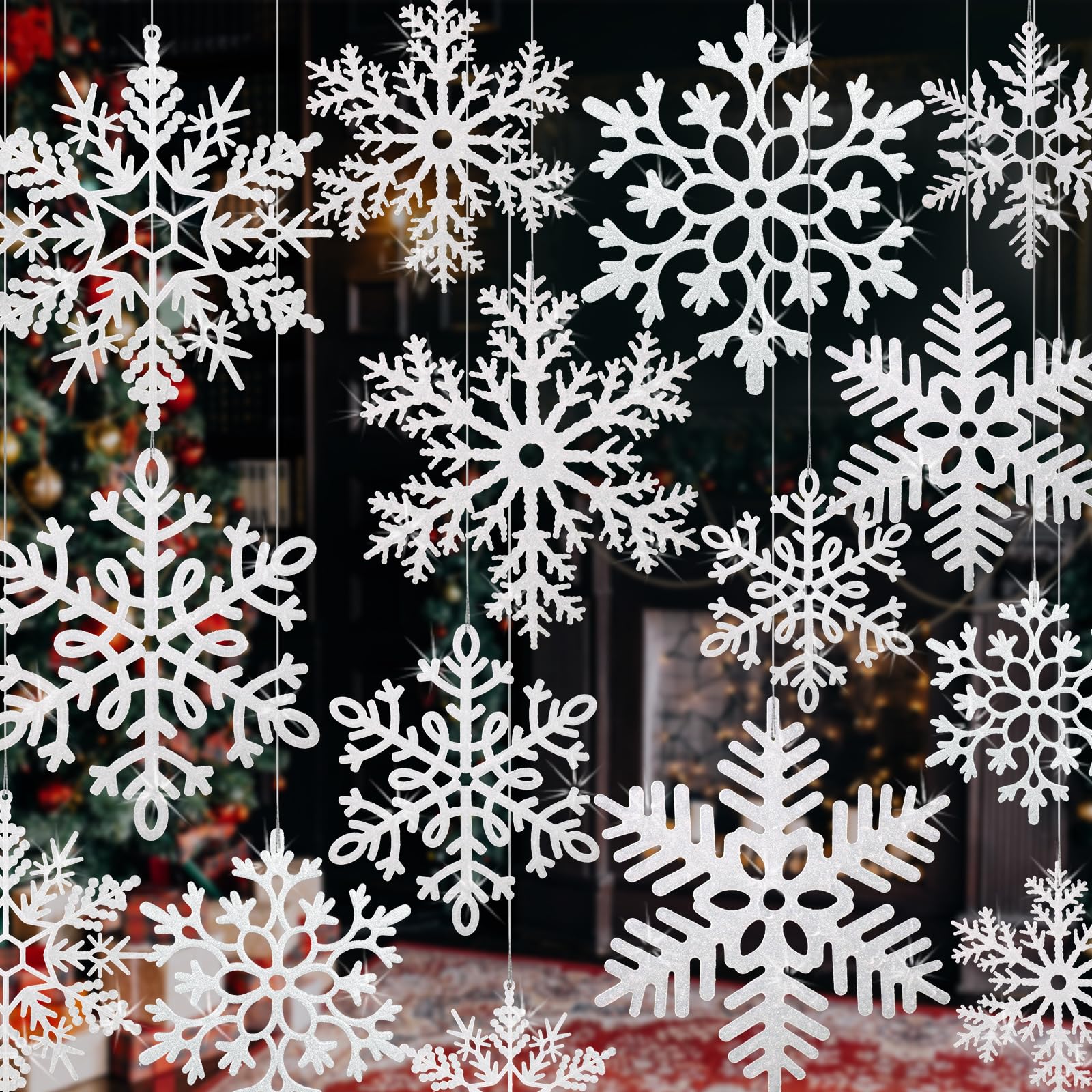 Photo 1 of 24 PCS Large Snowflakes Ornaments - Outdoor Christmas Decor Glitter Giant Hanging Snowflake Decorations for Indoor Outdoor Christmas Tree Decorations(White)