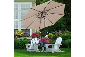 MEWAY 10ft Patio Umbrella Large Outdoor Table Umbrella with Push Button Tilt & Crank Lift System, Market Deck Pool Backyard Garden Sunshade Umbrella 8 Sturdy Ribs UV Protection, Beige