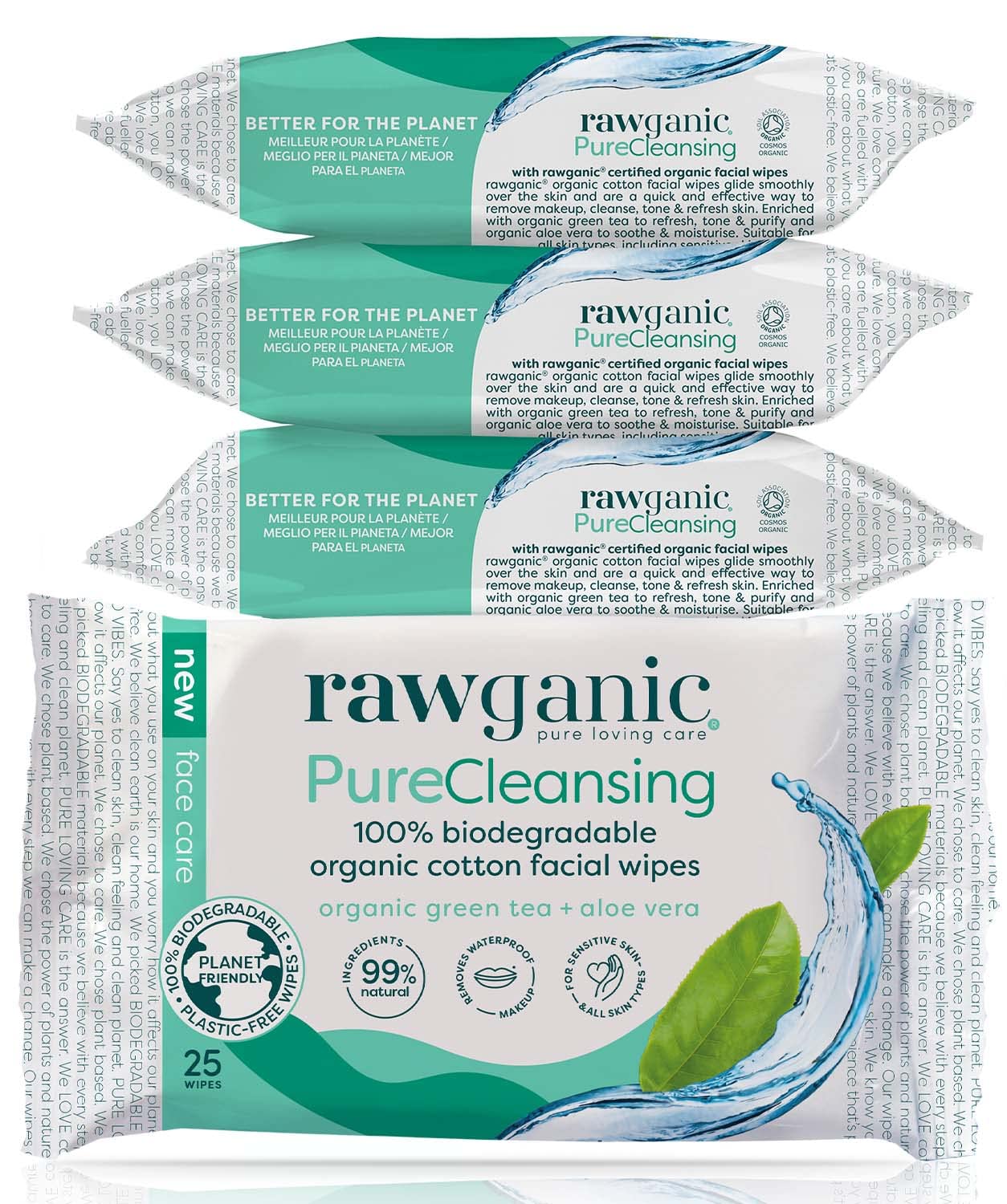 RAWGANIC Pure Cleansing Refreshing Facial Wipes with Aloe Vera and Green Tea | Gentle Soothing Biodegradable Makeup Removal Organic Cotton Wipes | 4 Packs (100 wipes in total)