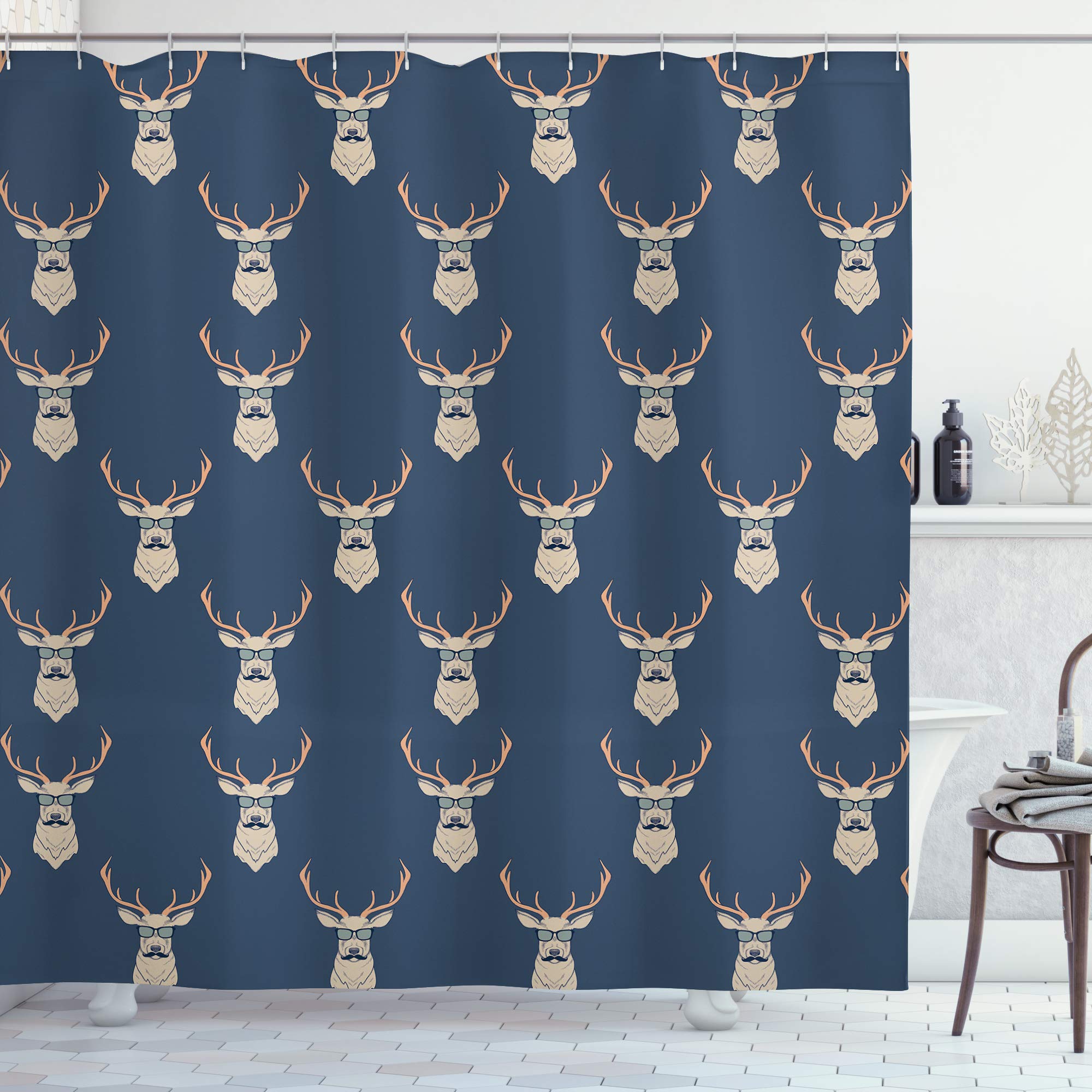 ABAKUHAUS Deer Shower Curtain, Hipster Inspired Antlers Glasses Mustaches Funny Animal Pattern Woodland Vintage, Cloth Fabric Bathroom Decor Set with Hooks, 78" Inches, Blue-grey Tan