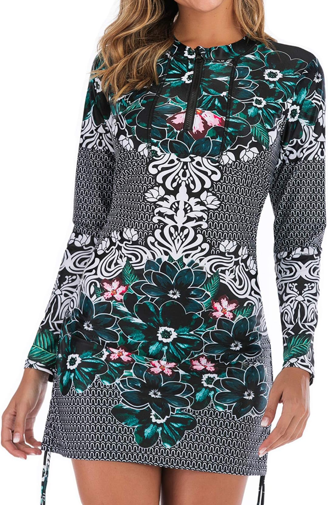 Women's Printed Rash Vest Long Sleeve UV Rash Guard Two Piece Tankini Swimsuit Rash Guard Swimwear Skirt