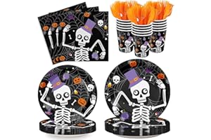 XIENBLOC 120pcs Halloween Party Plates Napkins Halloween Party Supplies Skeleton Paper Disposable Tableware Set Cups Forks Dessert Plates for Halloween Theme Party Serves 24