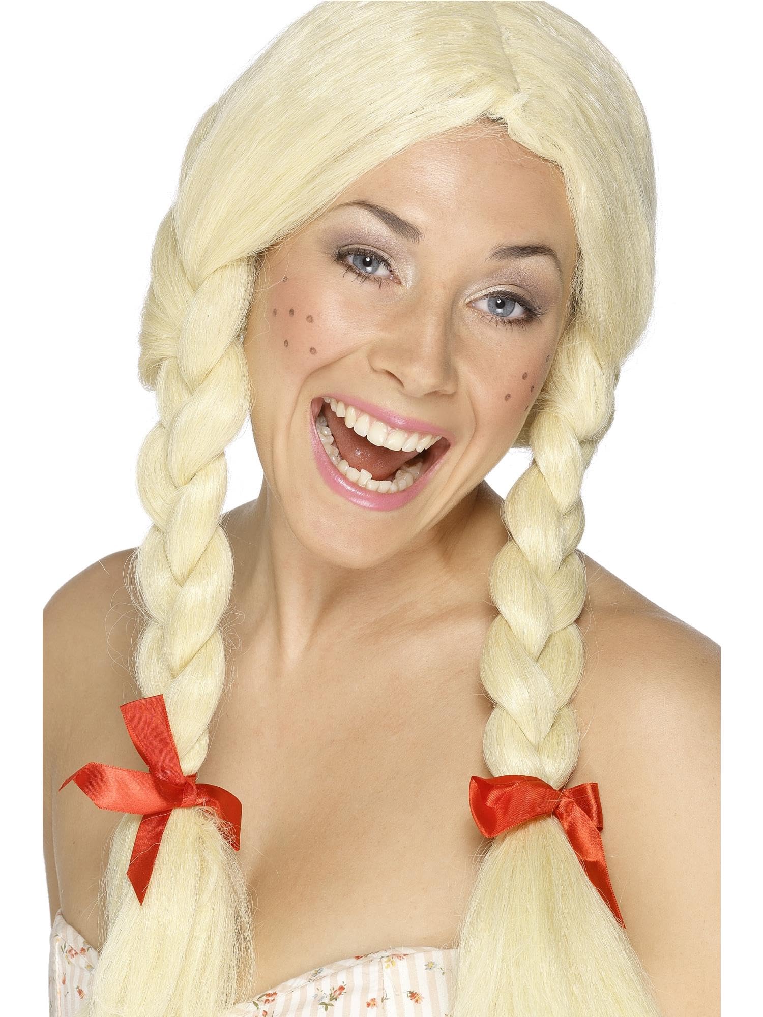 Smiffys Schoolgirl / Dutch Wig, Blonde Blonde, Plaits with Ribbons, School Days Fancy Dress, Adult Dress Up Wigs