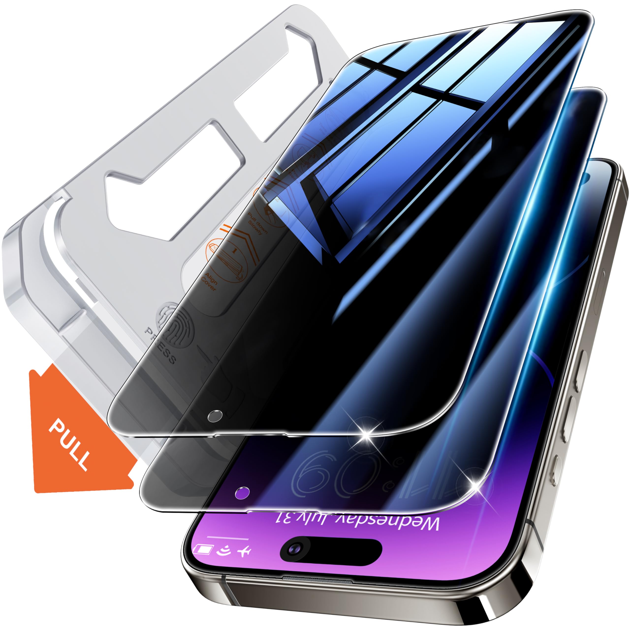 Tentoki Privacy Screen Protector For iPhone 14 Pro (6.1-inch), Compatible With Face ID, 25° Anti Spy Premium 9H+ Tempered Glass Film[Auto Dust Elimination] [No Bubbles] [Case Friendly] 2 Pack — image 1