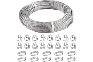 Fshihine 3/16 Wire Rope, 100ft Stainless Steel Cable with Wire Rope Clamps & Thimble, 3700lbs Breaking Strength, 7X19 Strands Aircraft Cable for Zipline, Deck Railing, Clothesline