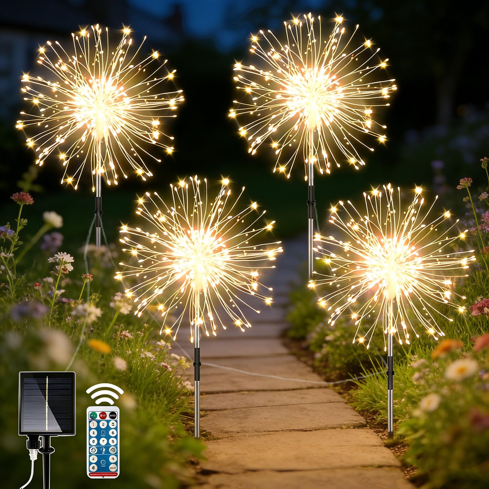 yowin Solar Lights Outdoor Garden 4 x 120 LED Firework Solar Stake Lights with Remote, 2 Charging Methods, Starburst Light Waterproof Garden Ornaments with Copper Wire for Pathway Balcony Decorations