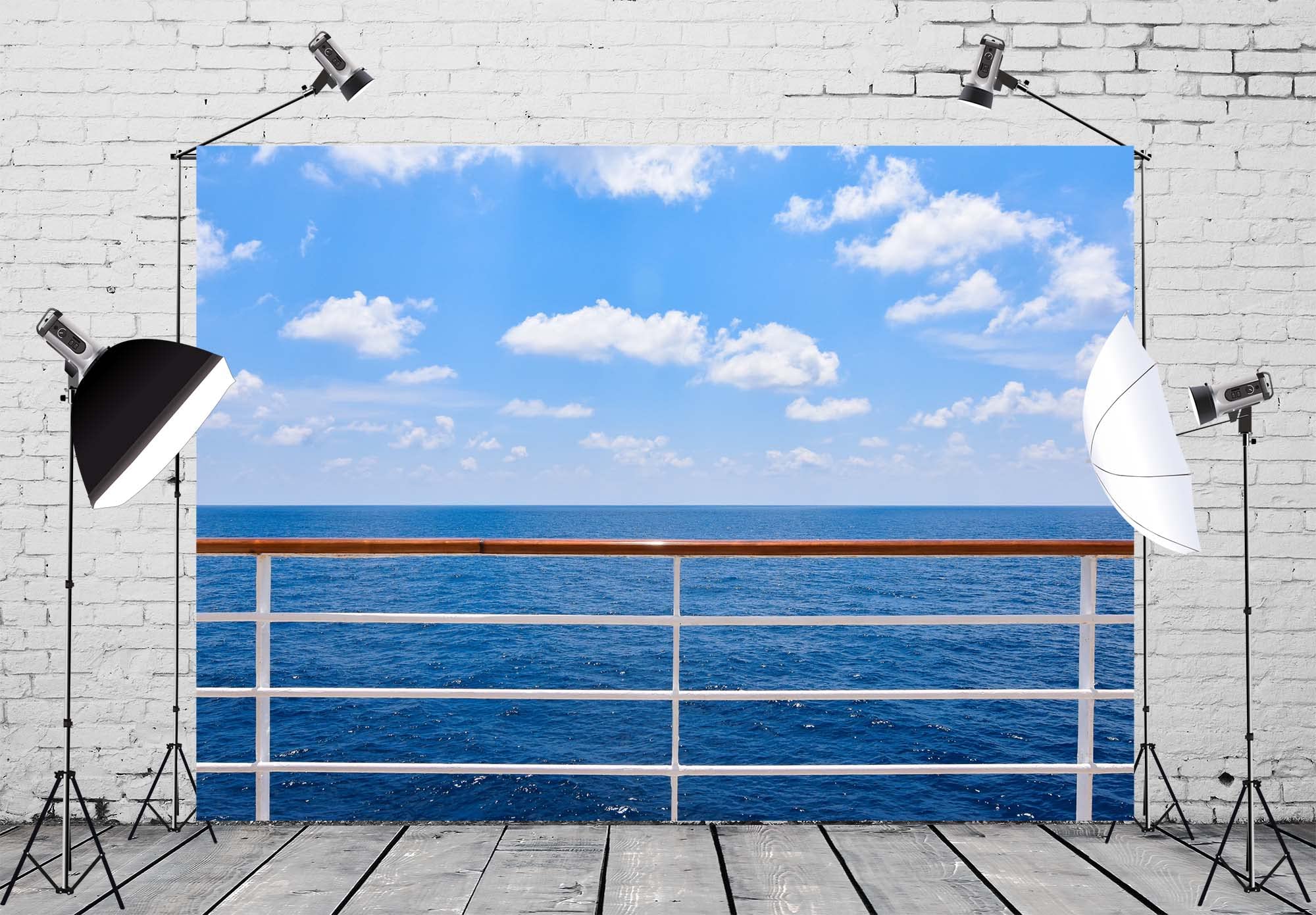 CORFOTO 9x6ft Ocean Cruise Ship Backdrop Fabric Blue Sky Travel Ship Deck Railings Fence Photo Backdrop Summer Sea Cruise Ship Cruise Theme Party Decorations Supplies Photo Studio