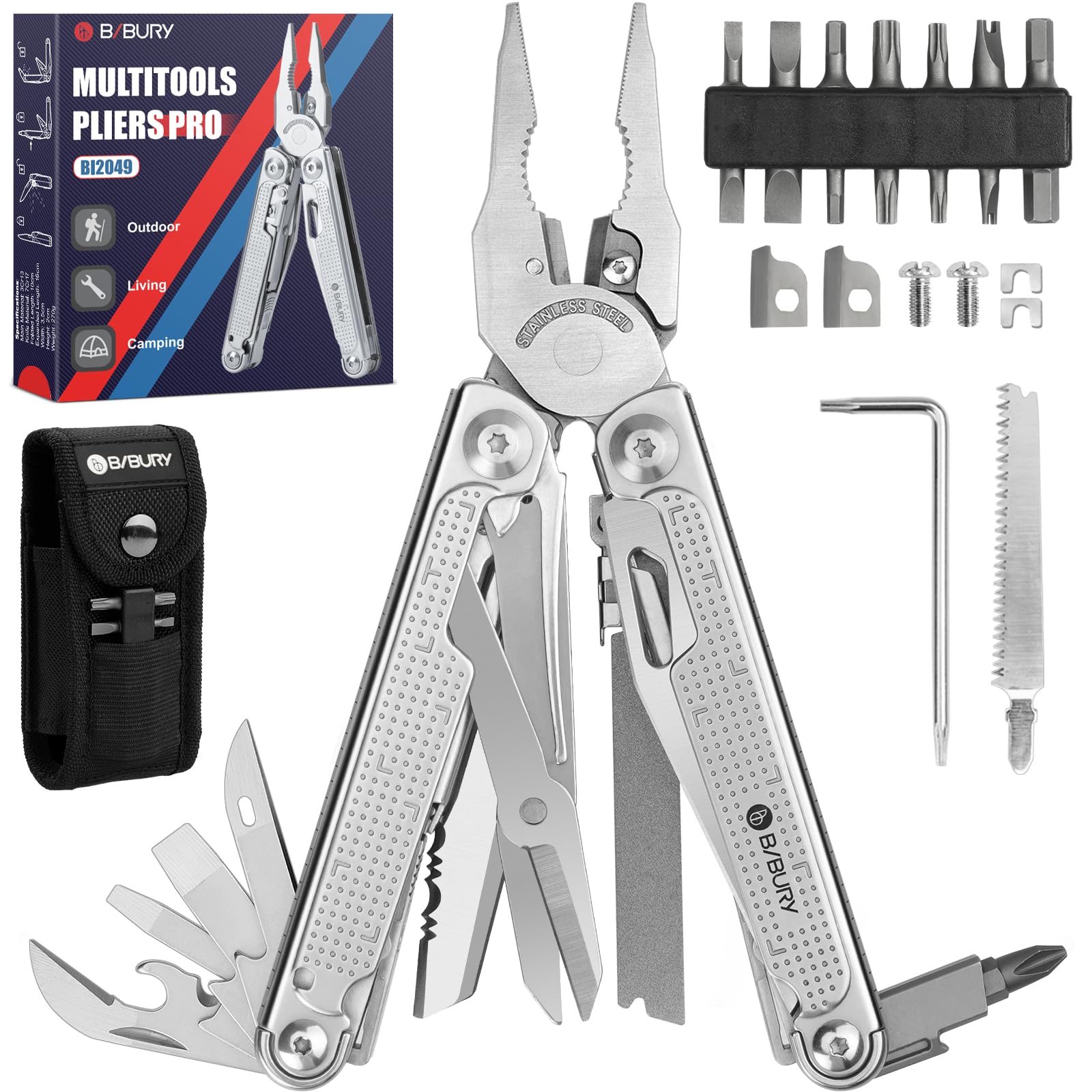BIBURY Multitools, Multi Tool Foldable Pliers with Upgraded Saw, Large Scissors and Screwdriver Set, Stainless Steel Multitools Ideal for Camping, DIY, Repairing, Gift for Dad Men Christmas - Pro
