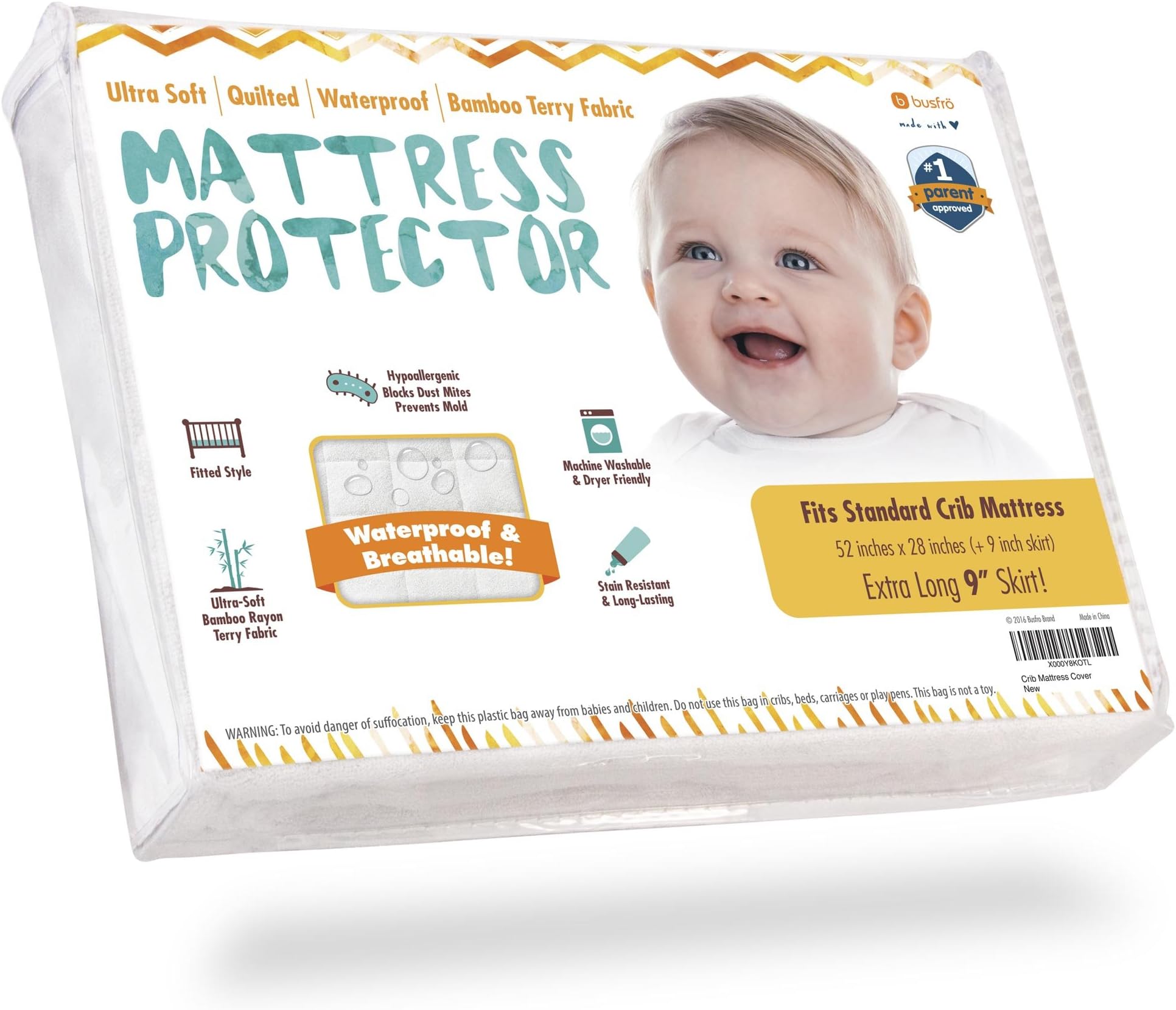 Crib Mattress Protector - Waterproof Pad Cover, Ultra-Soft Bamboo, Fitted Sheet with Large 9” Skirt - Quilted, Washer/Dryer Friendly with Stain Protection for Baby Bed