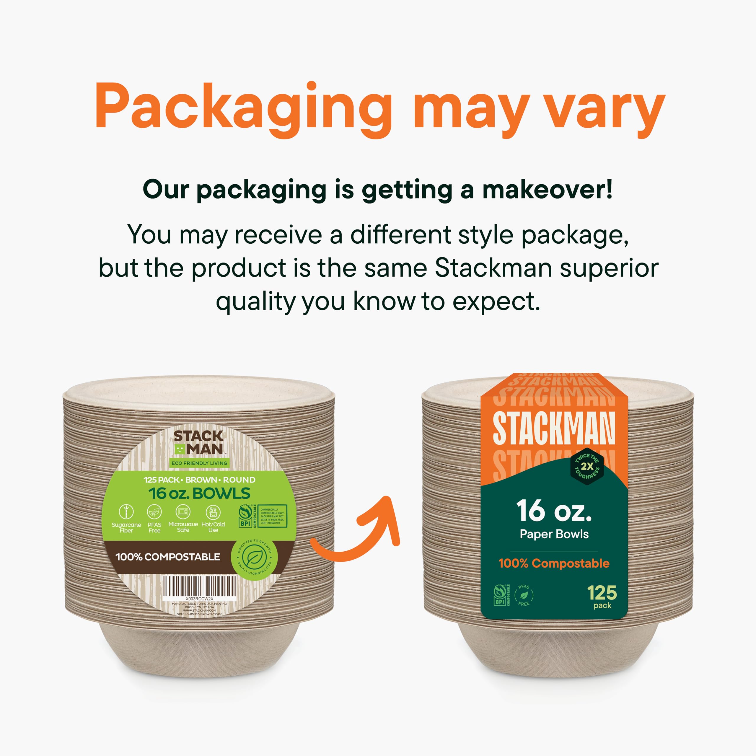 Paper Bowls, 100% Compostable Disposable Soup Bowl [125-Pack] - {PFAS-Free} - {BPI Certified} - [16 oz] Heavy Duty, Eco-Friendly, Biodegradable Bagasse Hot Food Plates and Bowls - Natural Brown
