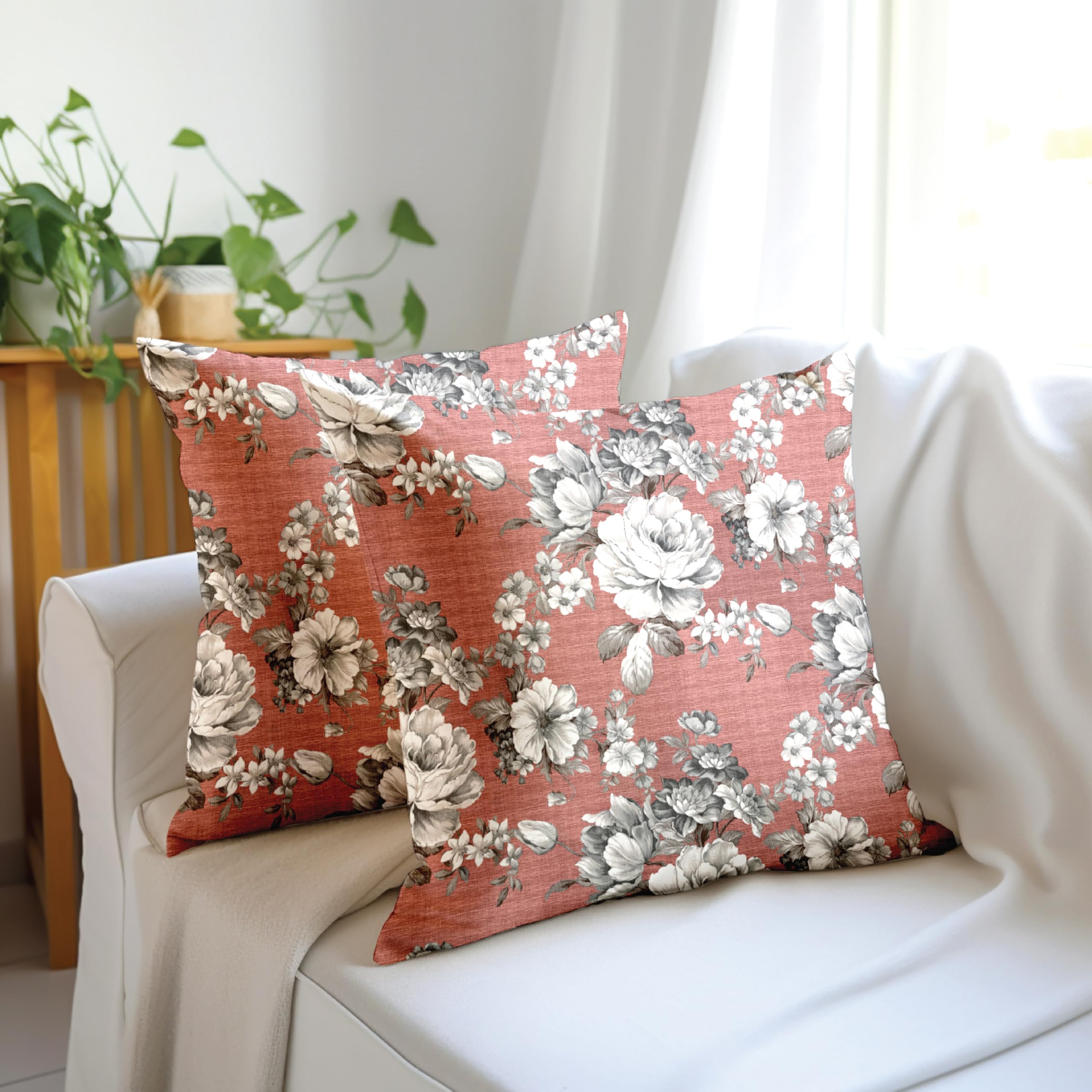 Encasa XO Decorative Throw Pillow Covers 16x16 in – Polyester Floral Digital Print F4 English Rose | No Inserts | Square Cushion Cases for Sofa, Chair, Bed, Office & Home Pack of 2