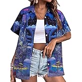 FRYAID Magic Shirt Women Magical Kingdom T-Shirt Funny Graphic Hawaiian Shirts Family Vacation Button Down Short Sleeve Tops