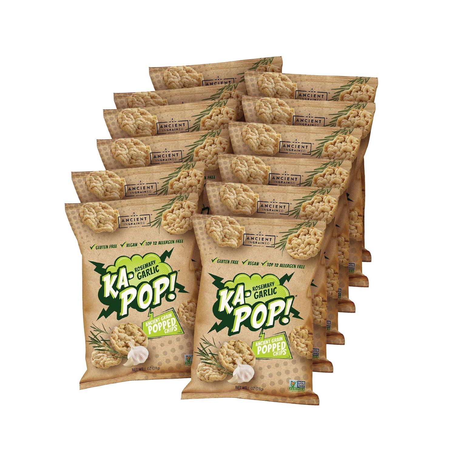 Ka-Pop! Popped Chips, Rosemary Garlic (1oz, Pack of 12) - Allergen Friendly, Ancient Grains, Gluten-Free, Paleo, Non-GMO, Vegan, Healthy, Whole Grain Snacks, As Seen on Shark Tank