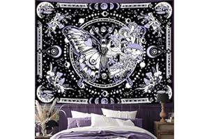 Fungarth Skeleton Butterfly Tapestry Purple Skull Hippie Mushroom Plants Tapestry for Bedroom Moon phase Aesthetic Tapestries Wall Hanging for Living Room Dorm (44.00” x 60.00”, Purple)
