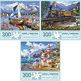 Bits and Pieces Set of 3 Jigsaw Puzzles 300 Pieces - Vintage Travel Set | 18" x 24" - Set of 3 Jigsaw Puzzles - Train Boat Lighthouse Puzzles - Recycled Cardboard - Bright Colors - No False Fits