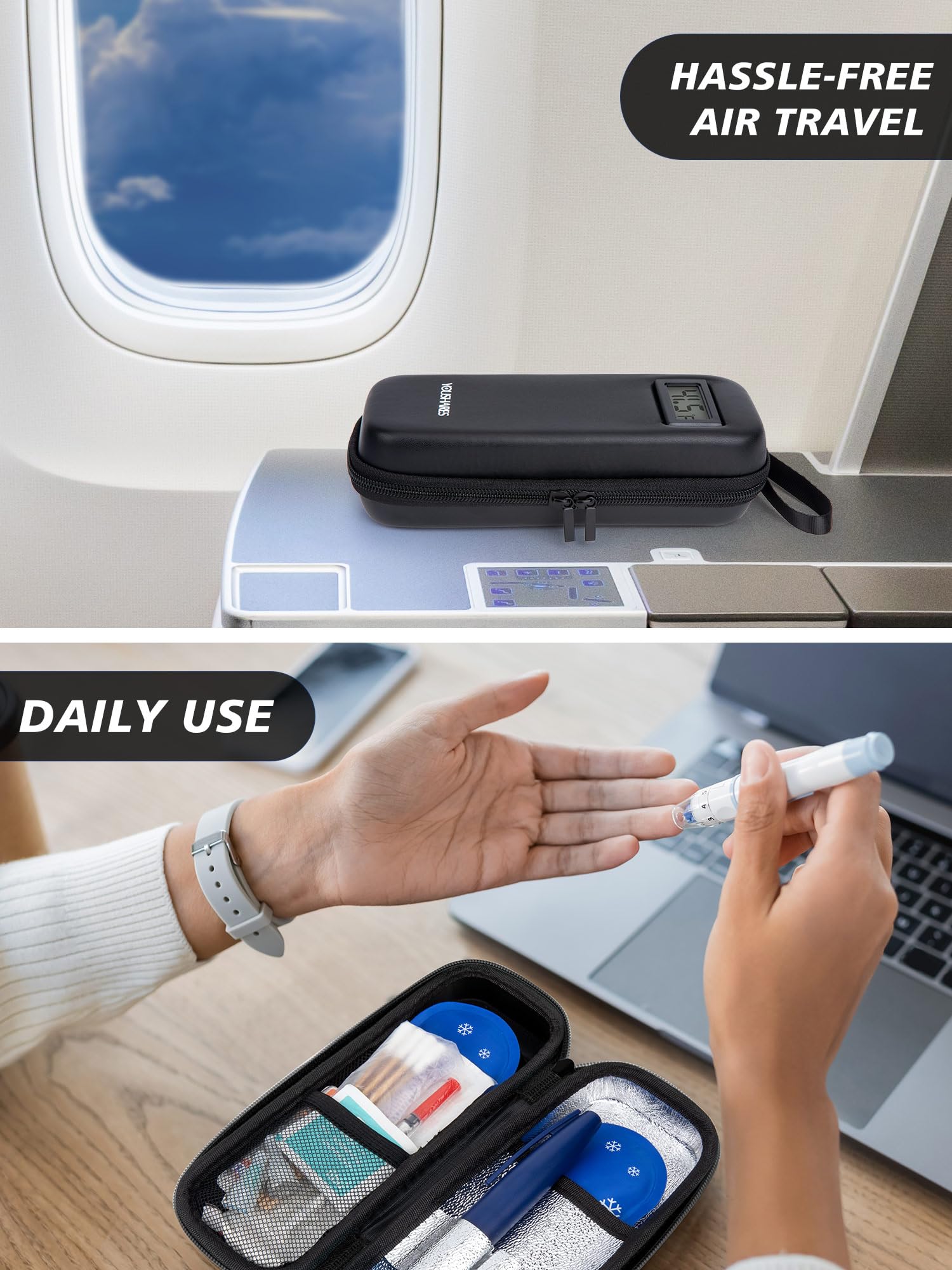 YOUSHARES Insulin Cooler Travel Case with Temperature Display - Refrigerated Medicine Cooling Bag with 2 TSA Approved Ice Pack, Medication Pen Diabetic Supplies Organizer for Trip and Daily