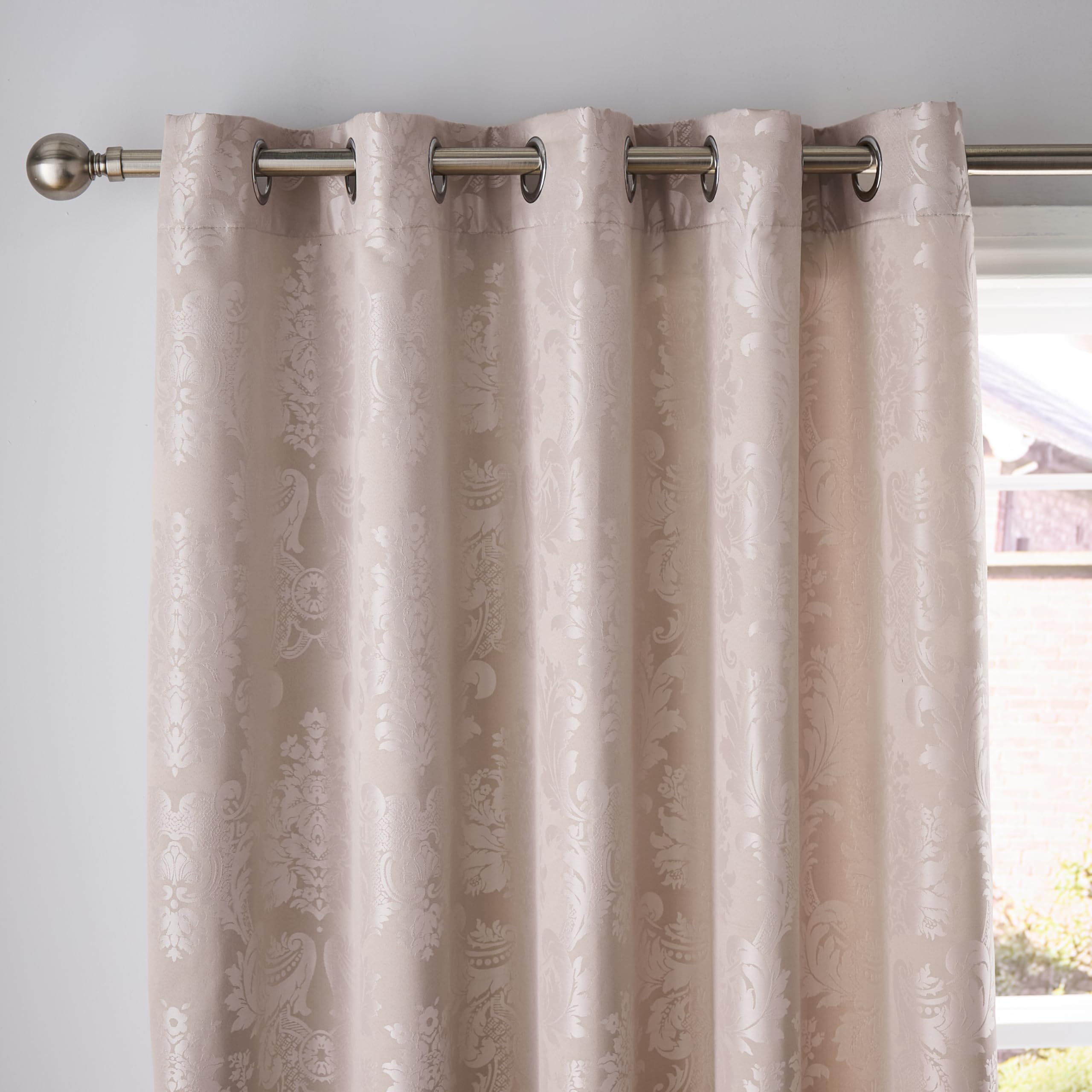 Catherine Lansfield Damask Jacquard 66x72 Inch Lined Eyelet Curtains Two Panels Champagne Gold