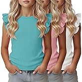 YooAurvox 3 Pack Girls Cotton Ruffle Sleeve T-Shirts 5-14Y Kids Ribbed Knit Short Sleeve Tops Crew Neck Casual Summer Tees