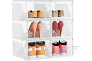 SONGMICS Shoe Boxes Set of 6, Stackable Clear Plastic Shoe Storage Organizers, Expandable Vertically or Horizontally, with Ma