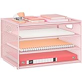 Lavatino 3-Tier Letter Tray Desk Organizer, Mesh Metal Paper File Tray Organizer for Desk, Office Supplies & Home Organization, Fits A4 Paper, Mail, Magazines & Office Accessories (Pink with Handle)