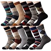 YEJIMONG Men's Cotton Dress Crew Socks 12 Pairs, Fun Patterned & Striped Casual Socks, Animal & Sports Designs, Size 9-12