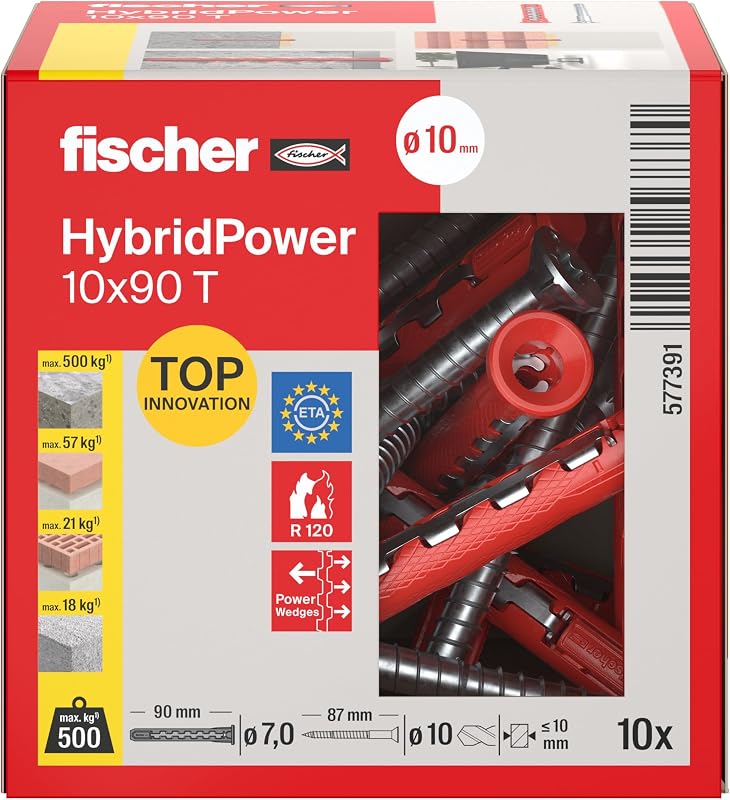 HybridPower 10 x 90 T, Dübel für Höchste Tragfähigkeit und Sicherheit, Einfache Montage ohne Setzwerkzeug, Universell für Loch- und Vollbaustoffe, Mauerwerk, Beton, Sicher auch im Brandfall