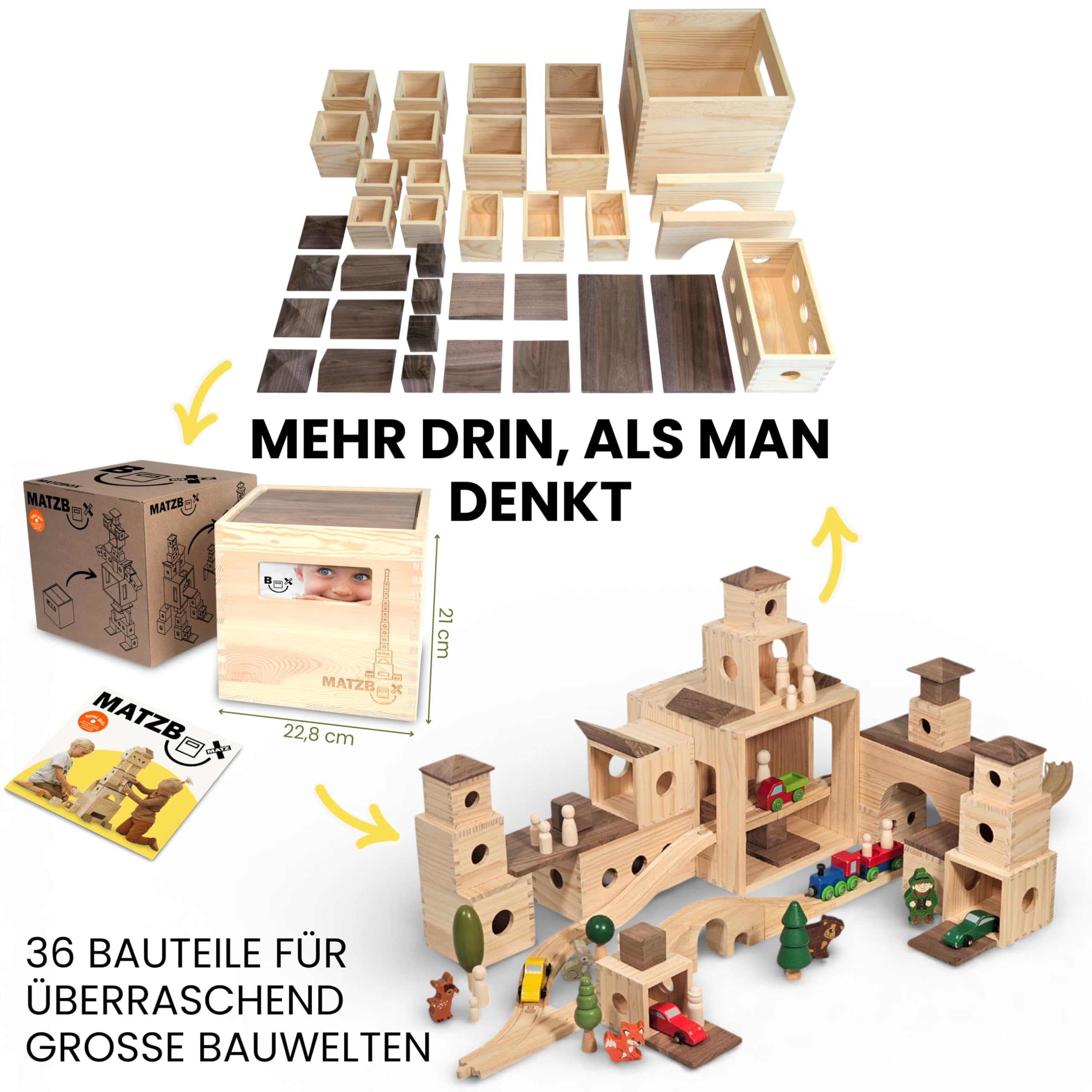 MATZBOX Montessori Kreativspielzeug aus Holzbausteinen – ausgezeichnetes Premium Spielzeug von 1 bis 7 Jahren – vielseitige Bauklötze & Boxen für freies, langanhaltendes Spielen, nachhaltiges Geschenk 2
