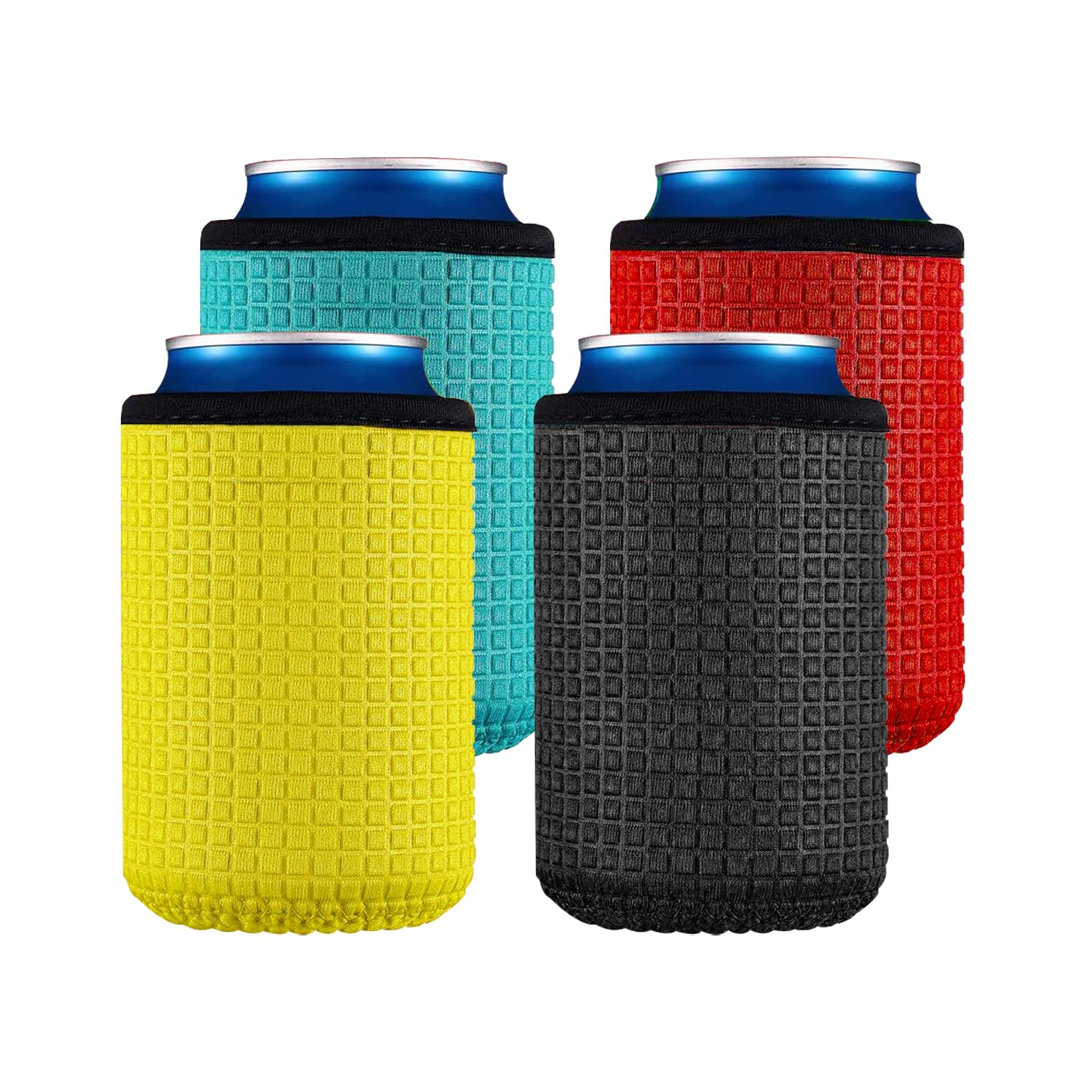 4pcs Can Sleeves, Insulator Stands, Non-Slip Can Sleeves, Neoprene Cooler, Beverage Cooler Sleeves, for Beer, Coke, etc. (Black, Red, Yellow, Blue)