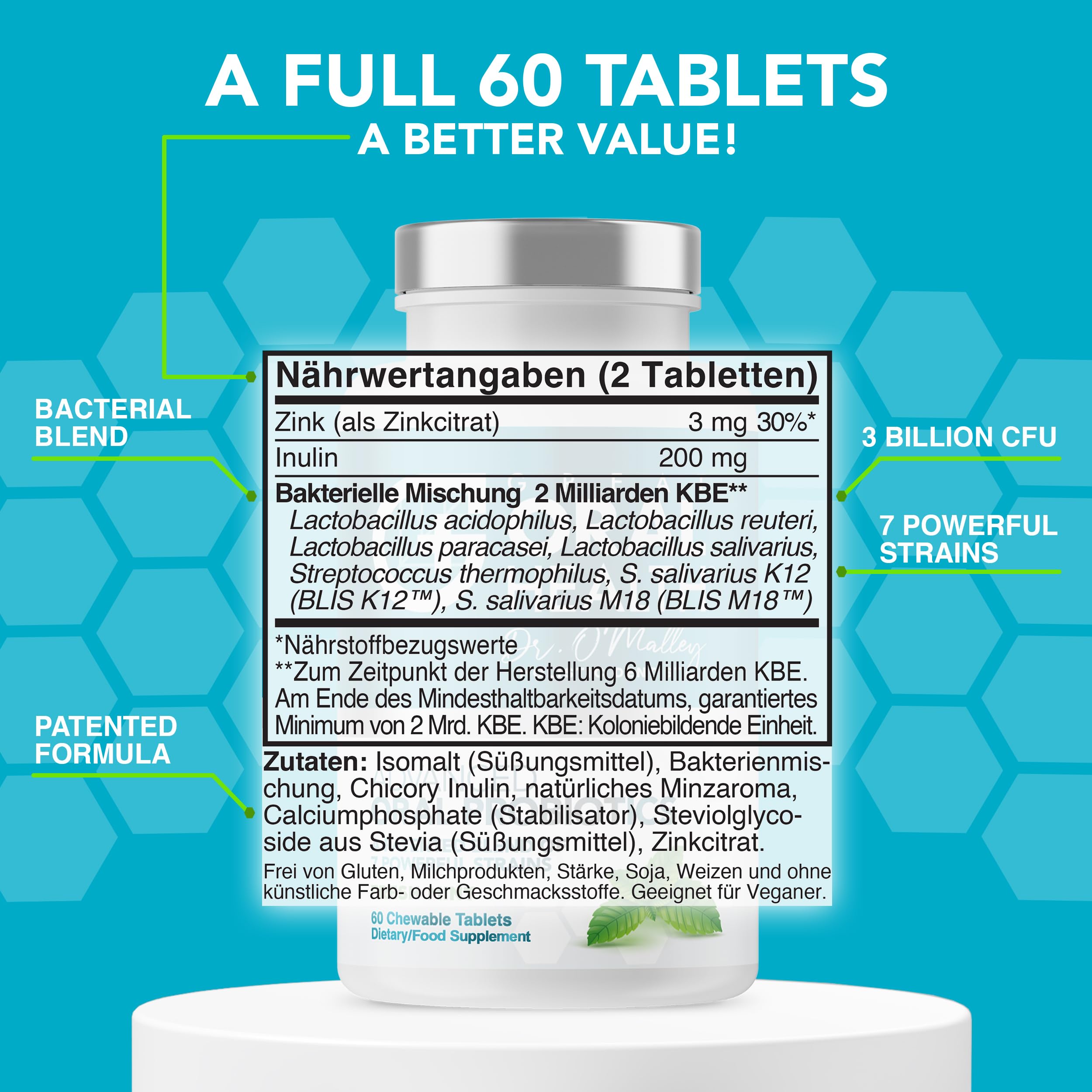 Orale Probiotika gegen Mundgeruch für Erwachsene: Zahnärztlich formulierte Probiotika für Zähne und Zahnfleisch mit BLIS K12 und M18-60 kaubare Tabletten für die Mundgesundheit, Minzgeschmack 2