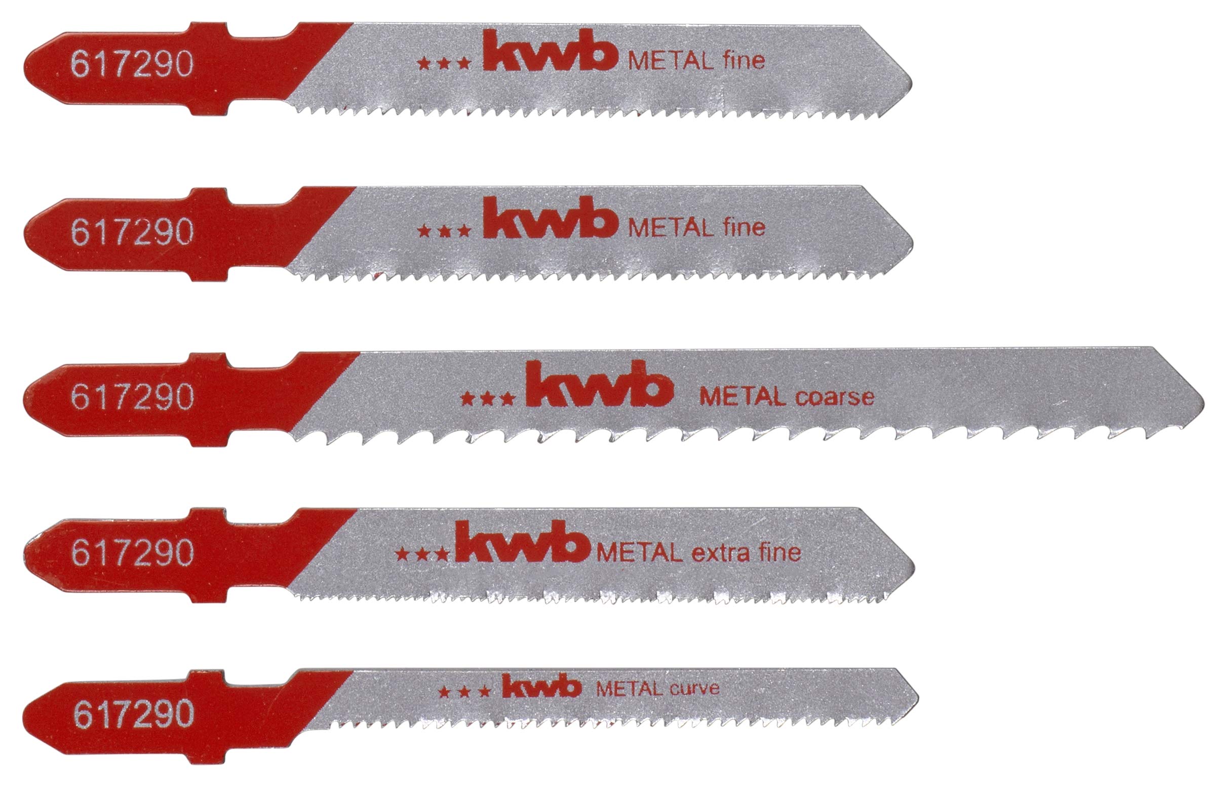 kwb 5-Piece HSS Metal Jigsaw Blade Set for Coarse and Extra Fine Cuts, Including T-Shank Curved Blade