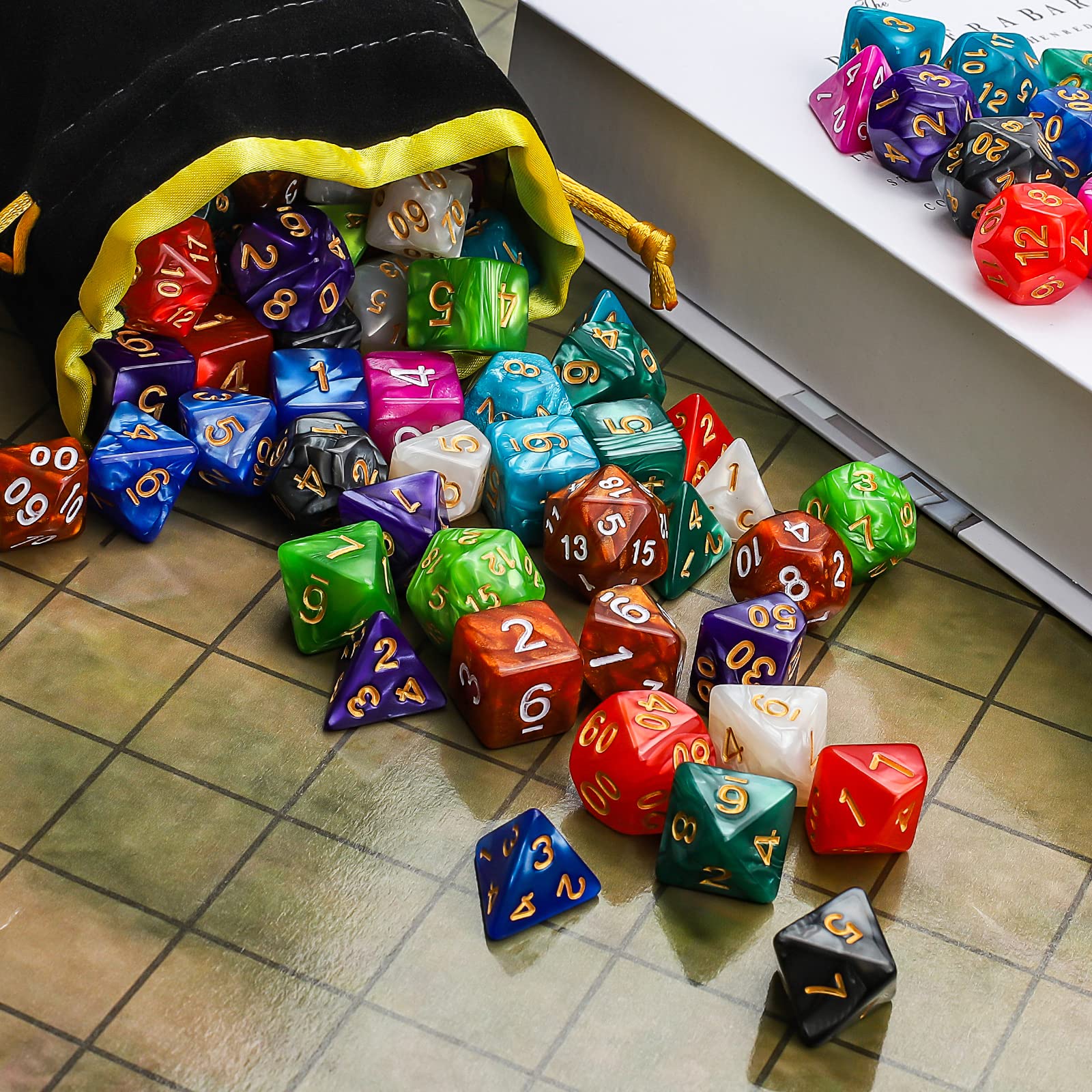 CiaraQ Polyhedral Dice Set with a Big Black Drawstring Pouch, 10 Complete Dice Sets（70 Pieces） of D4 D6 D8 D10 D% D12 D20 Compatible with Dungeons and Dragons DND RPG MTG Table Games