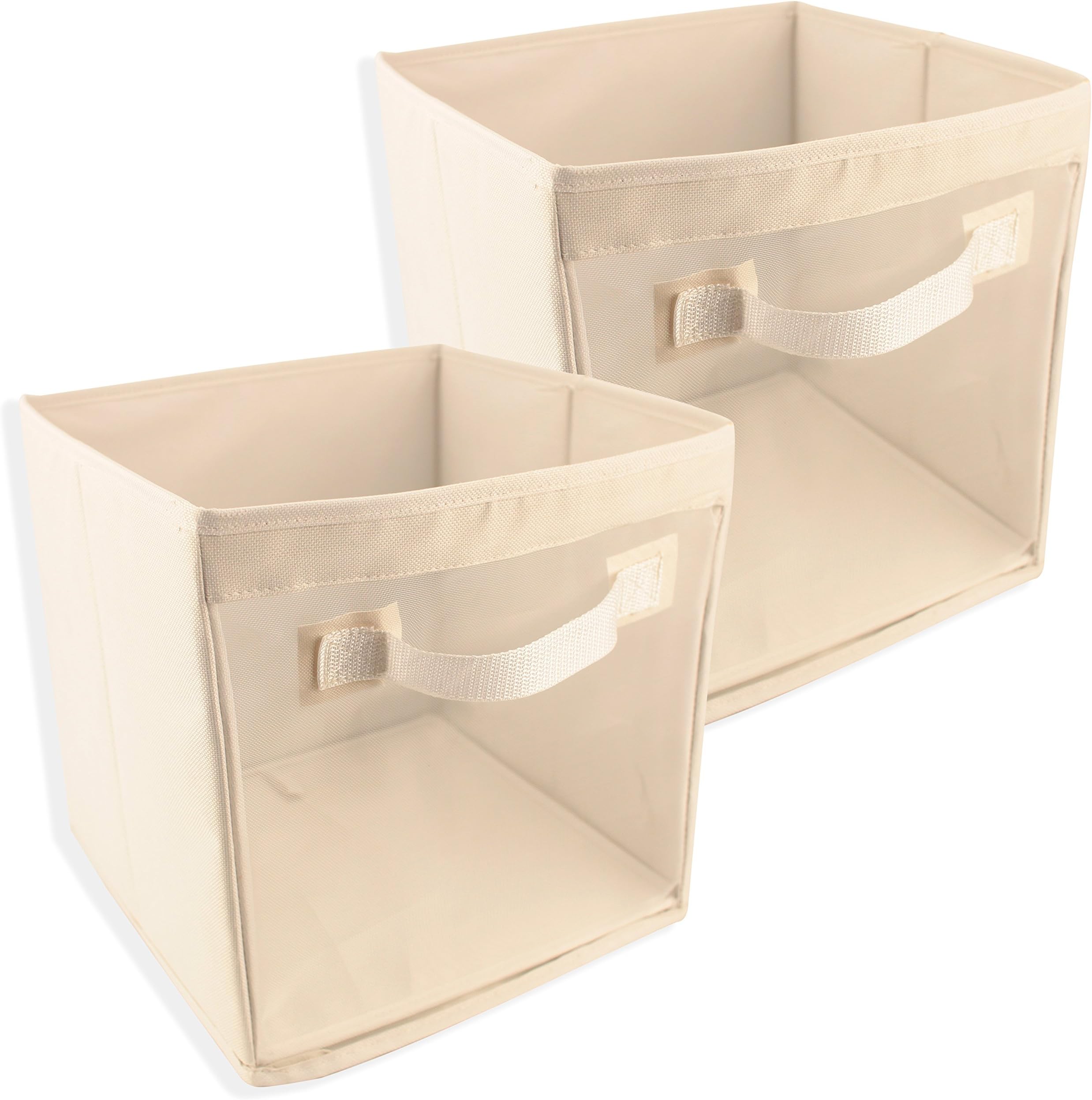 EASYVIEW Storage Baskets with Handle 100% Woven Oxford Nylon Cube Bin with Mesh See Thru Side 10.5 X 10.5 X 10 Inches,Foldable 1 Bright White 2 Pack