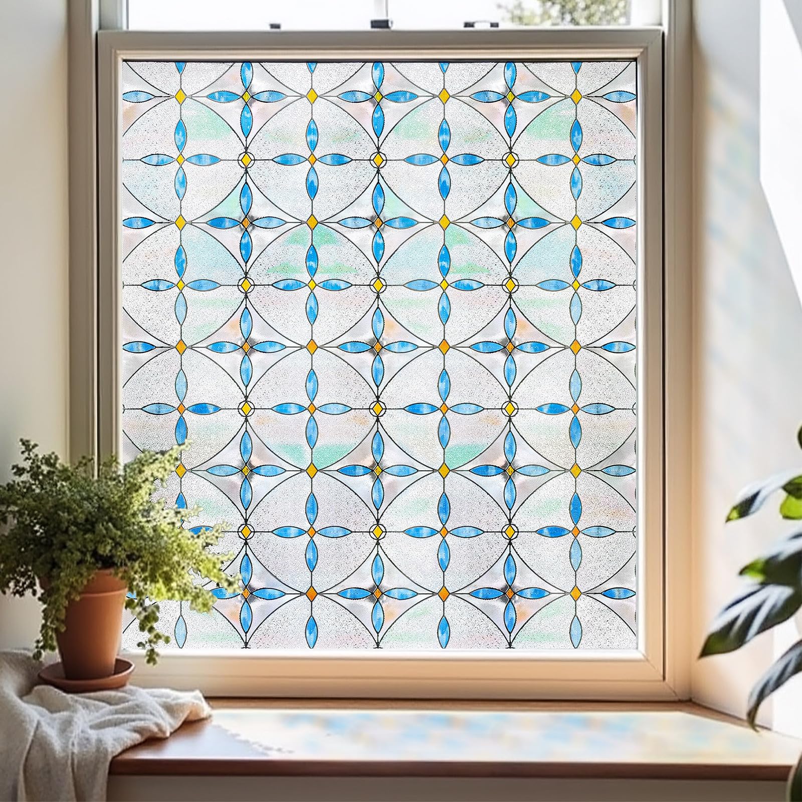 Photo 1 of 3D Stained Glass Window Film, Decorative Window Privacy Film for Bathroom,Front Door,Home, Sun Blocking Heat Control,Static Cling, Blue Tears 23.6inch x 35.4inch