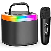 JYX Mini Karaoke Machine for Kids - Black Bluetooth Speaker Unpowered Cabinets with Party Lights and 1 Wireless Microphone, Great for Adults, Ideal for Family Home Parties and Birthday Gifts