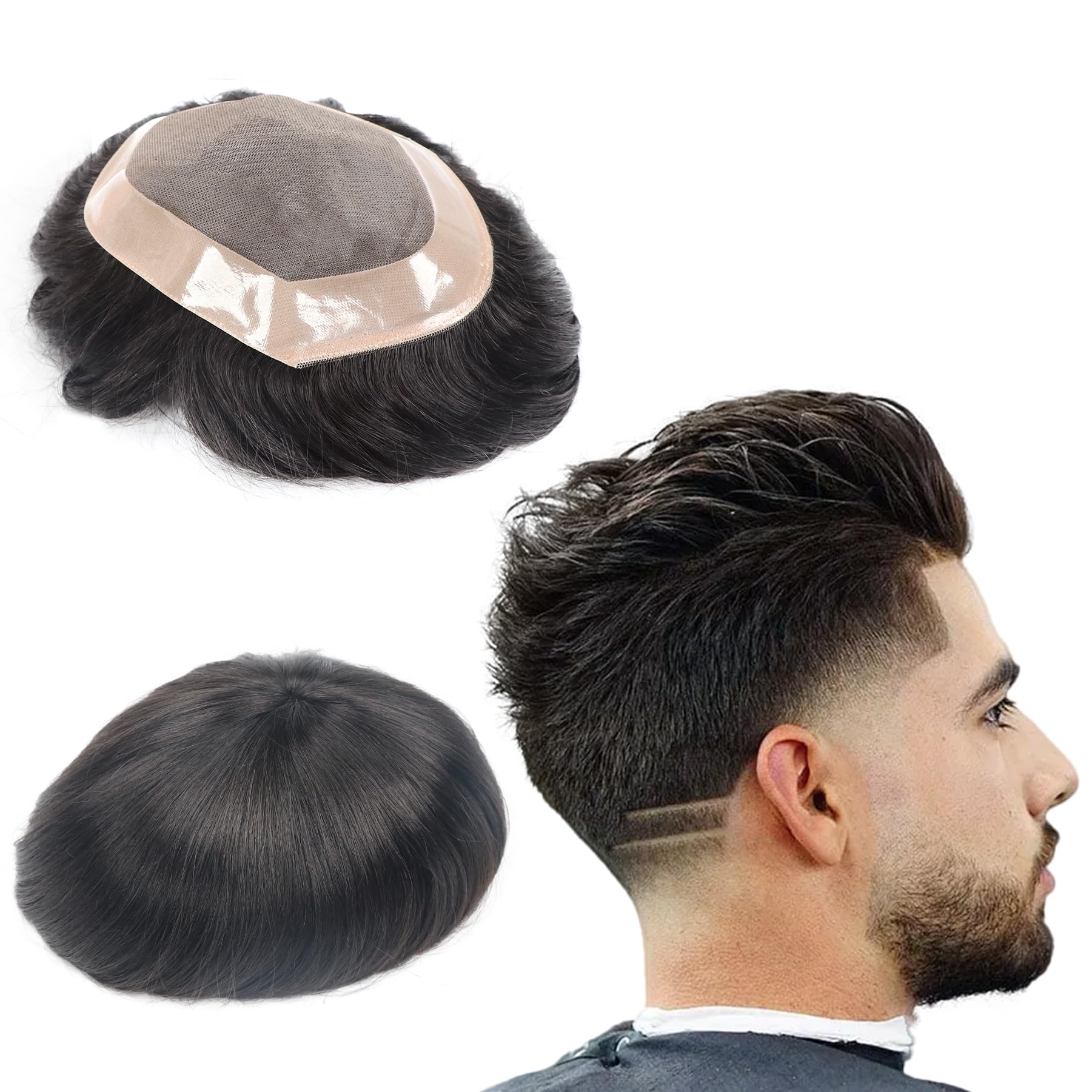 Photo 1 of lumeng Toupee for Men Hair Unit Wig for Mens Mono Lace Men's Wig Man Toupee Real Human Hair Pieces 1B# Off Black Color Man Hair Unit 5x7inch
