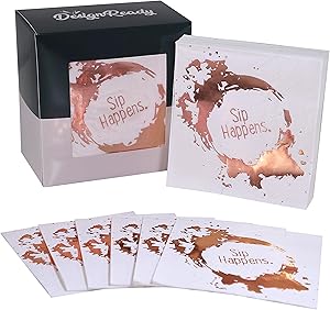 DesignReady Funny Cocktail Napkins, Rose Gold Foil, Sip Happens (100-Pack) | 3-Ply, 5x5 Inches