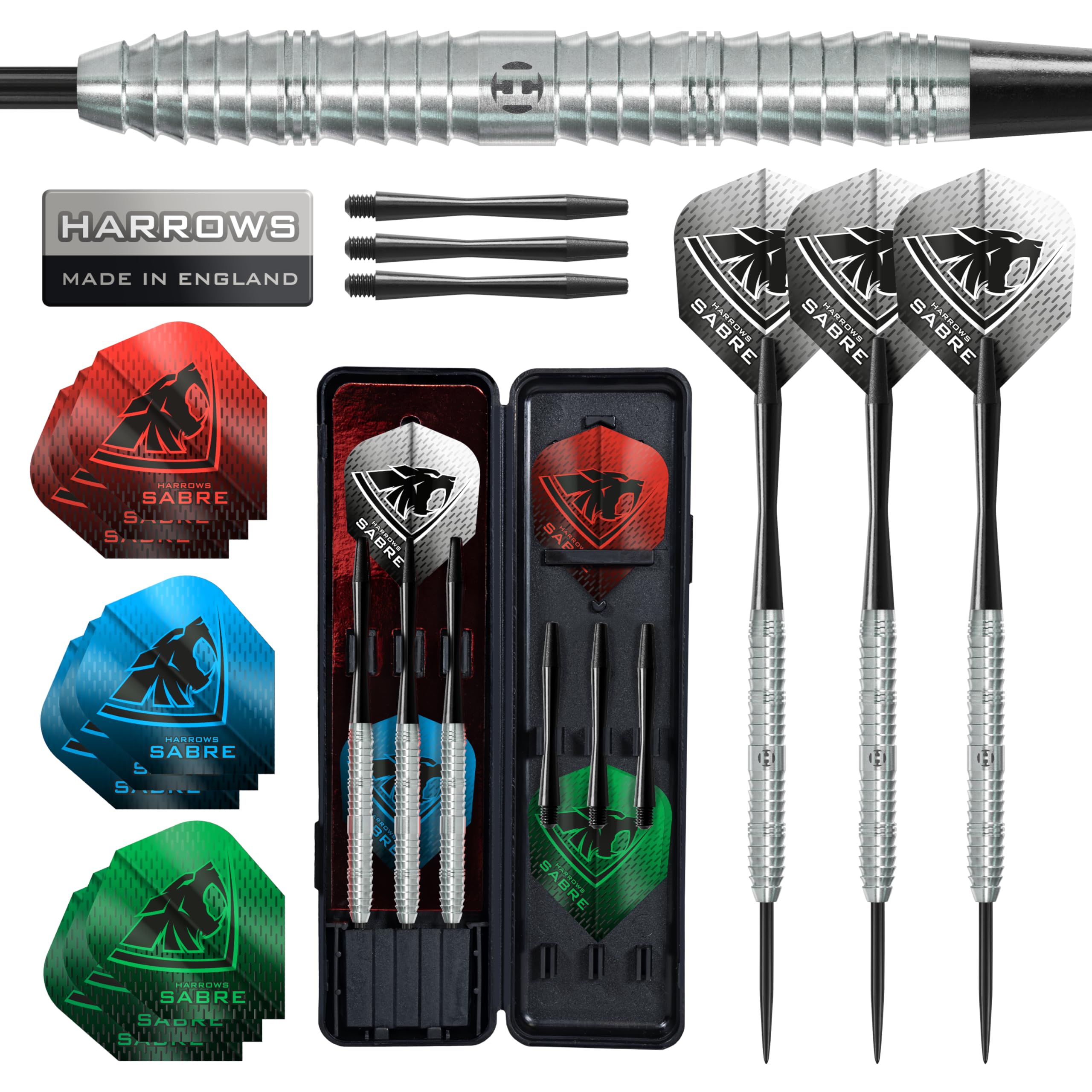 Harrows Sabre 90% Tungsten Steel Tip Darts Set – Professional Precision 21g to 26g | 23pc Bundle with Spare Shafts, Marathon Flights & Travel Case | Pro Player Tested, Tournament Quality - 26g