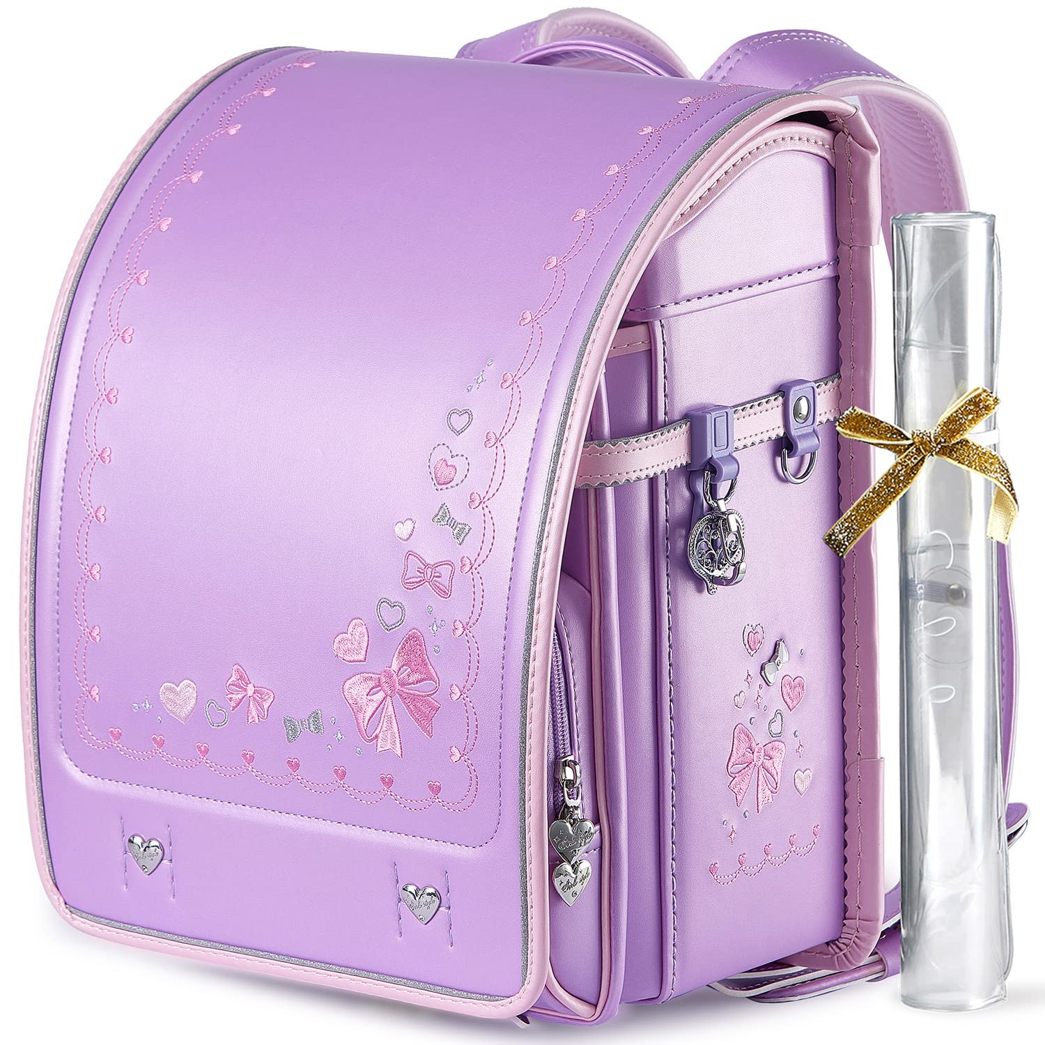[Coulomb] クーロン ランドセル女の子小学生通学カバン 高級人工皮革パール生地 ワンタッチロック ハート＆蝶結び刺繍 贩売者6年保証 透明ランドセルカバー シューズ袋など特典進呈 (112LV)商品画像
