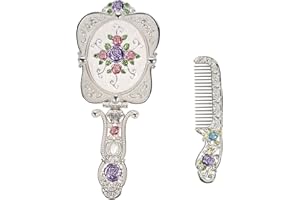 Nerien Antique Mirror Comb Set Vintage Metal Handheld Makeup Mirror with a Comb Russian Style Embossed Rose Hand Mirror Travel Portable Foldable Mirror Decorative Tabletop Stand Mirror Silver-1