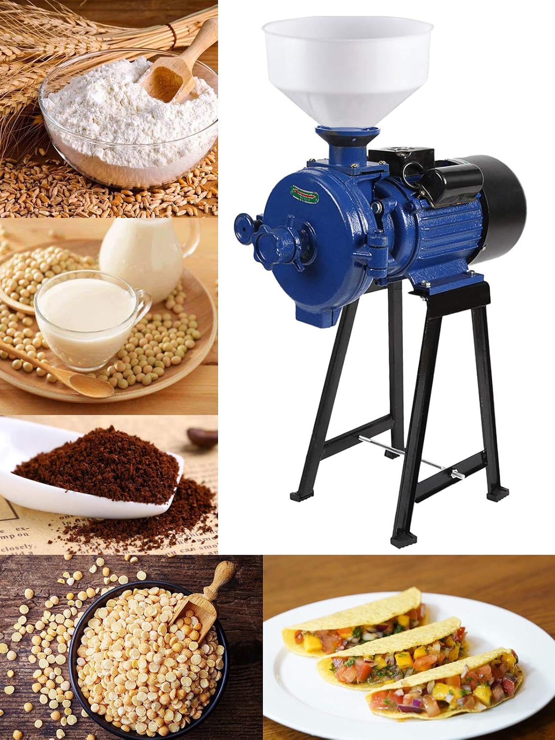 BEAMNOVA Grain Mill Dry Wet Grinder 1500W Molino de Maiz with Plastic Funnel Electric Food Grinder for Corn Flour Rice Nut Blue Commercial Industrial Grinding Machine