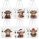 Sadnyy 12 Pack Christmas Canvas Tote Bags Xmas Reusable Gift Grocery Shopping Bag with Handle for Women Party Favor Supplies(Highland Cattle Style)