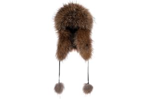 HEIZZI Real Fox Fur Bomber Hat Women's Weather Raccoon Fur Earflap Warm Trapper Hat Nylon Shell with Fur Pom