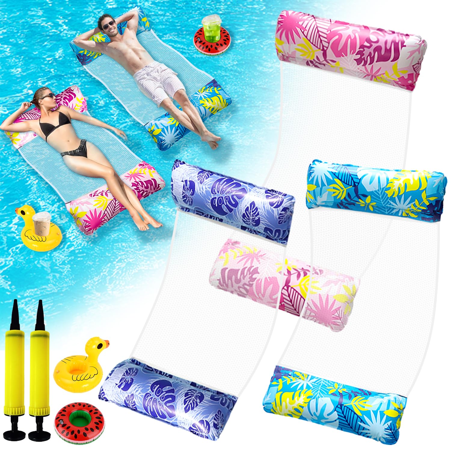 3 Pack Lilo Pool Inflatables, Swimming Floats Water Hammock Pool Toys for Adults, 2 Air Pumps, Cool Mesh, 4 in 1 Relaxing Pool Lounger Chair Seat Mattress for Beach Summer Holiday