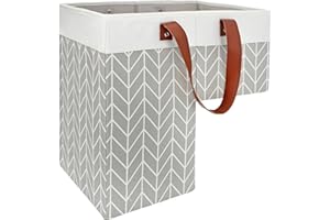 SAM AND MABEL Stair Basket with Chevron Pattern - 16” L x 9.5” W x 16” H Staircase Basket with Handles, Foldable Basket for Stairs Storage Organizer for Home Office Decor (Smart Gray-White)