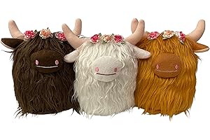 KINGSPRIME Highland Cow Plush, Scottish Cattle Dolls, Farmhouse Nordic Gnomes, Calf Gnome with Flowers, Nursery Gift Home Decor, Weighted Doll Decoration, Herd Collection (White, Light & Dark Brown)