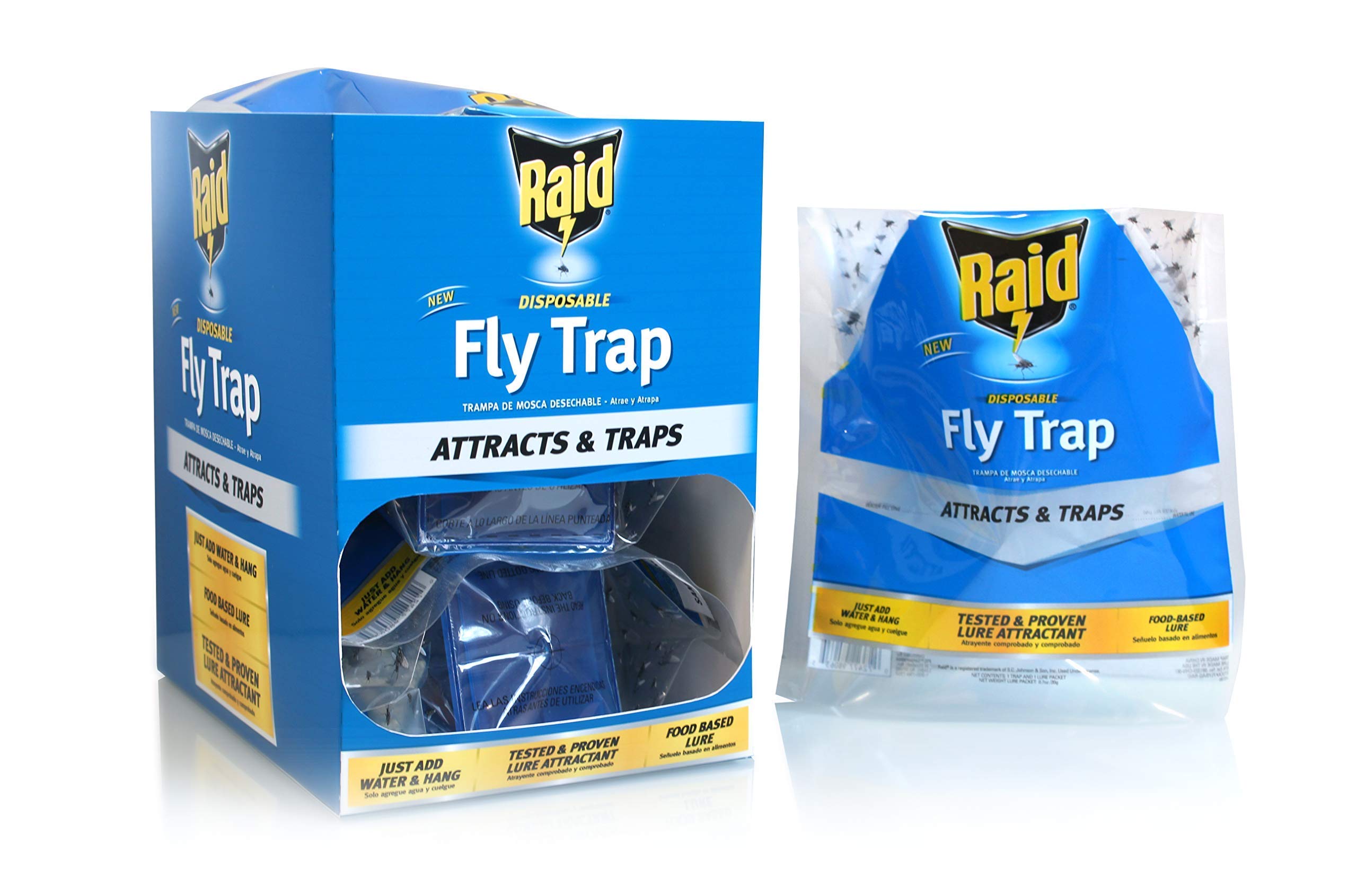 Photo 1 of Raid Fly Trap for Outdoor Use, 6 Pack, Disposable Bag with Entry Funnel, Preloaded Lure, Water-Activated Hanging Bug Catcher for Patios, Gardens, Trash Areas, Picnics, Easy to Use & Discard