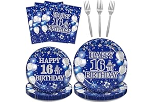 Kepeel 96Pcs 16th Birthday Party Tableware Set, Blue and Silver Happy 16th Birthday Party Decorations Supplies for Boys Girls 16 Years Old Birthday Party Dessert Plates Napkins Forks Favors, Serve 24