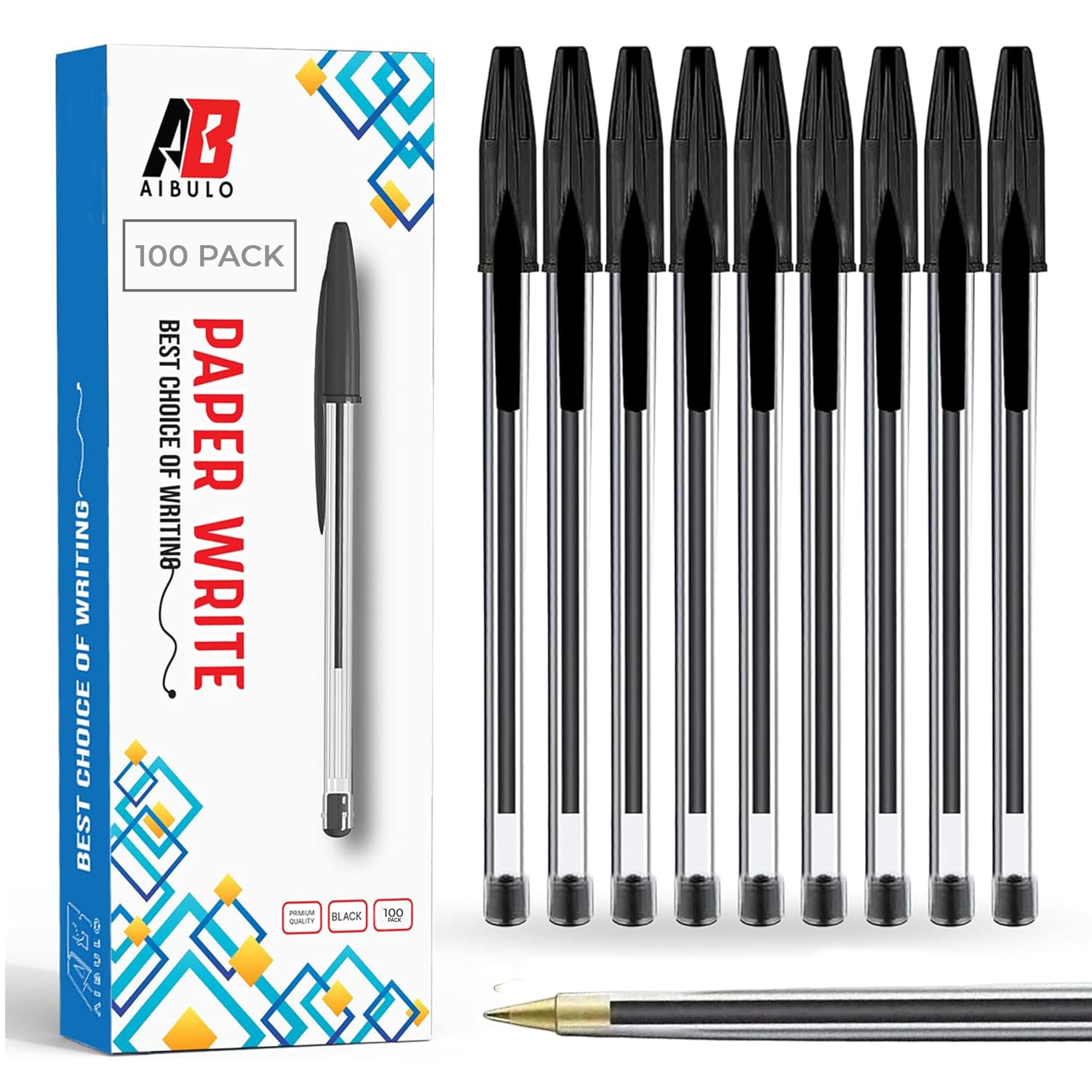 AIBULO 10 Pack Black Ballpoint Pens – Medium Tip Biro Pens for Smooth Writing – Long-Lasting Black Ink Pens for School, Office, Home & Daily Use – Ergonomic Grip – Reliable