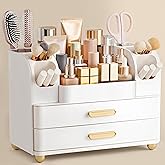 HBlife Makeup Organizer for Vanity with Brush Holder, Large Bathroom Countertop Cosmetic Organizer Skin Care Storage, Easy to Store Lipsticks, Nail Polishes, Perfumes, Eyeshadow Palettes, All White